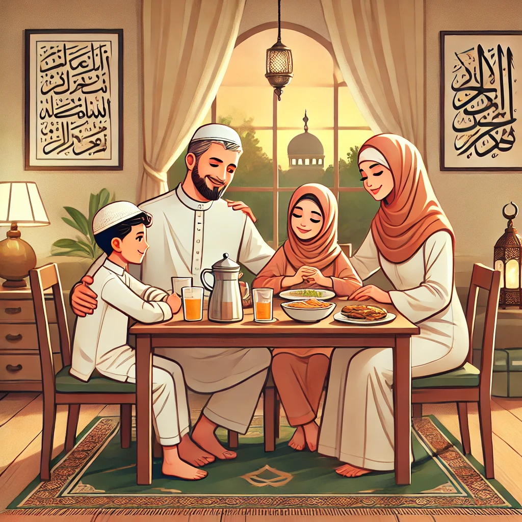 DALL·E-2024-12-30-10.57.26-A-warm-and-harmonious-illustration-of-a-Muslim-family-spending-quality-time-together-at-home.-The-family-includes-parents-a-son-and-a-daughter.-The- الأسرة